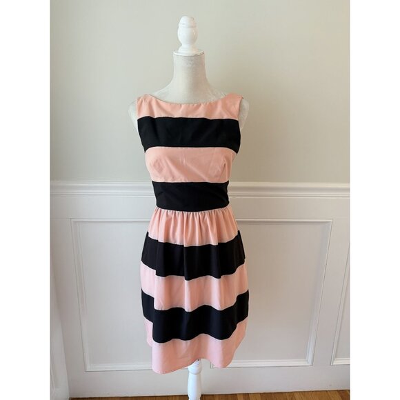 B. Darlin Peach & Black Striped Sleeveless Dress With Fitted Bodice & Flared Ski - Picture 1 of 5
